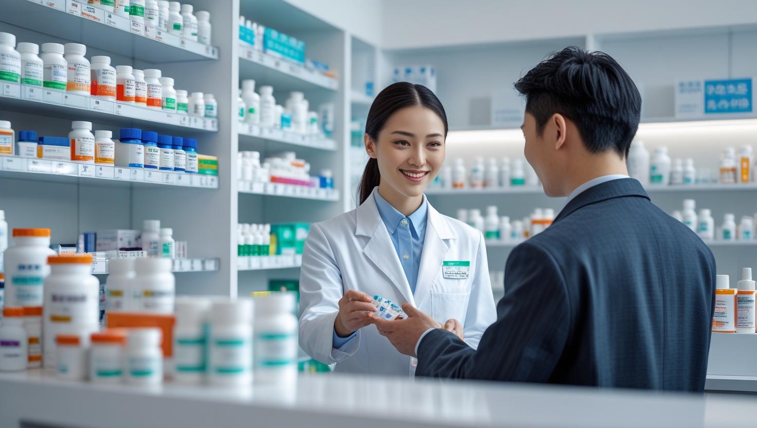 crie imagem de farmacêutico atendendo cliente em drograria