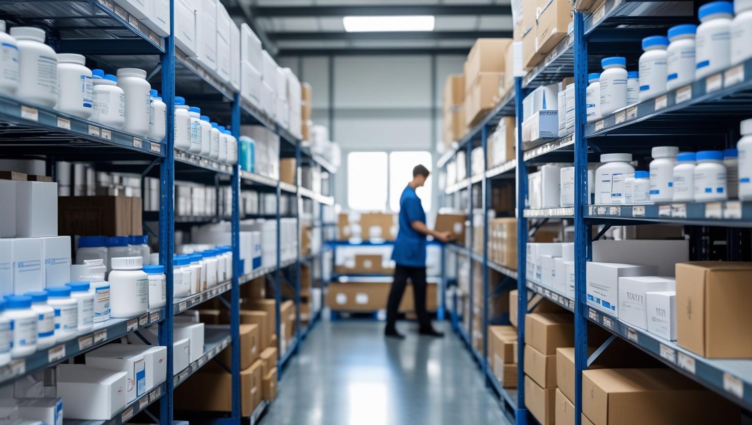 crie uma imagem de um galpão de distribuidora de medicamento